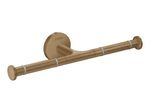Doppelte Toilettenpapierhalterung in Brushed Bronze von AXOR, mit runden Enden und zwei Halterungen für Papierrollen, montiert an einer runden Wandplatte.